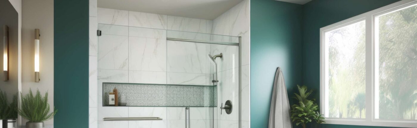 Walk-in shower with teal bathroom walls